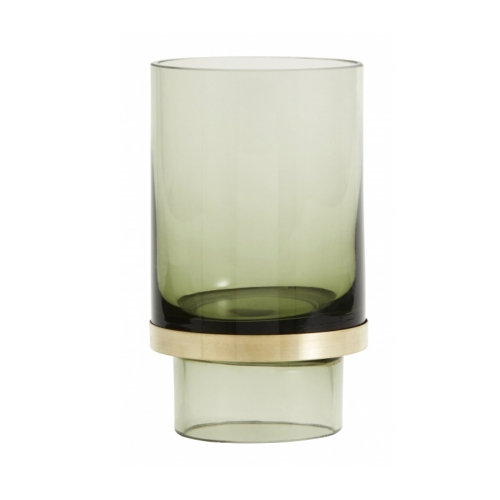 Kerzenhalter transparent grünes Glas von NORDAL mit messingfarbenem Rand H 13 cm D 8 cm