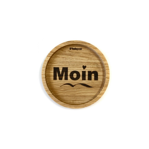 Holz-Untersetzer mit Aufschrift "Moin Herz", Eichenholz, rund, D 11,2 cm