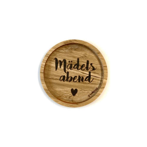 Holz-Untersetzer mit Aufschrift "Mdelsabend", Eichenholz, rund, D 11,2 cm