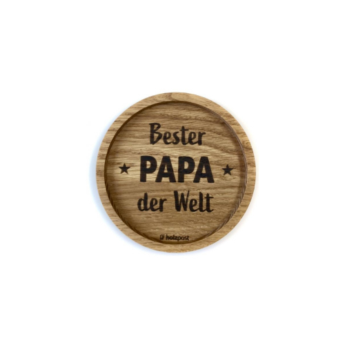 Holz-Untersetzer mit Aufschrift "Bester PAPA der Welt", Eichenholz, rund, D 11,2 cm