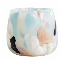 Windlicht weies Glas mit buntem Farbverlauf u. unebenem Rand von Nordal 8,5 cm D 10 cm, Fleckenmuster Handarbeit
