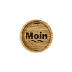Holz-Untersetzer mit Aufschrift Moin Herz, Eichenholz, rund, D 11,2 cm